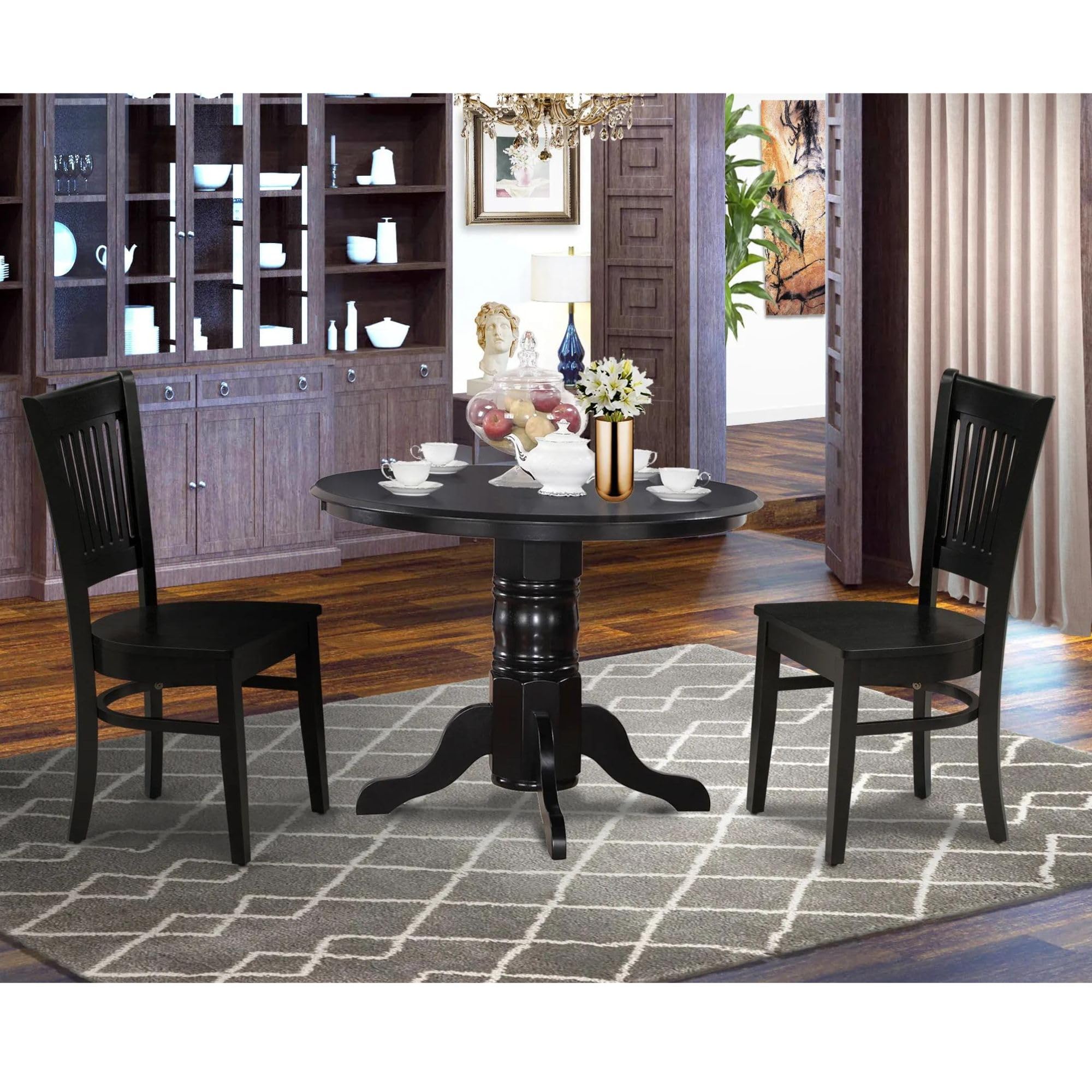 East West Furniture Shva3-Blk-W 3 Piece Kitchen Table & Chairs Set Contains A Round Dining Room Table With Pedestal And 2 Dining Room Chairs, 42X42 Inch, Black